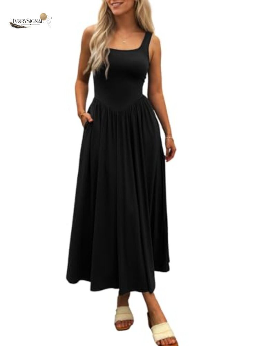 Women's Summer Maxi Dress Sleeveless Square Neck A-Line Beach Sundress with
